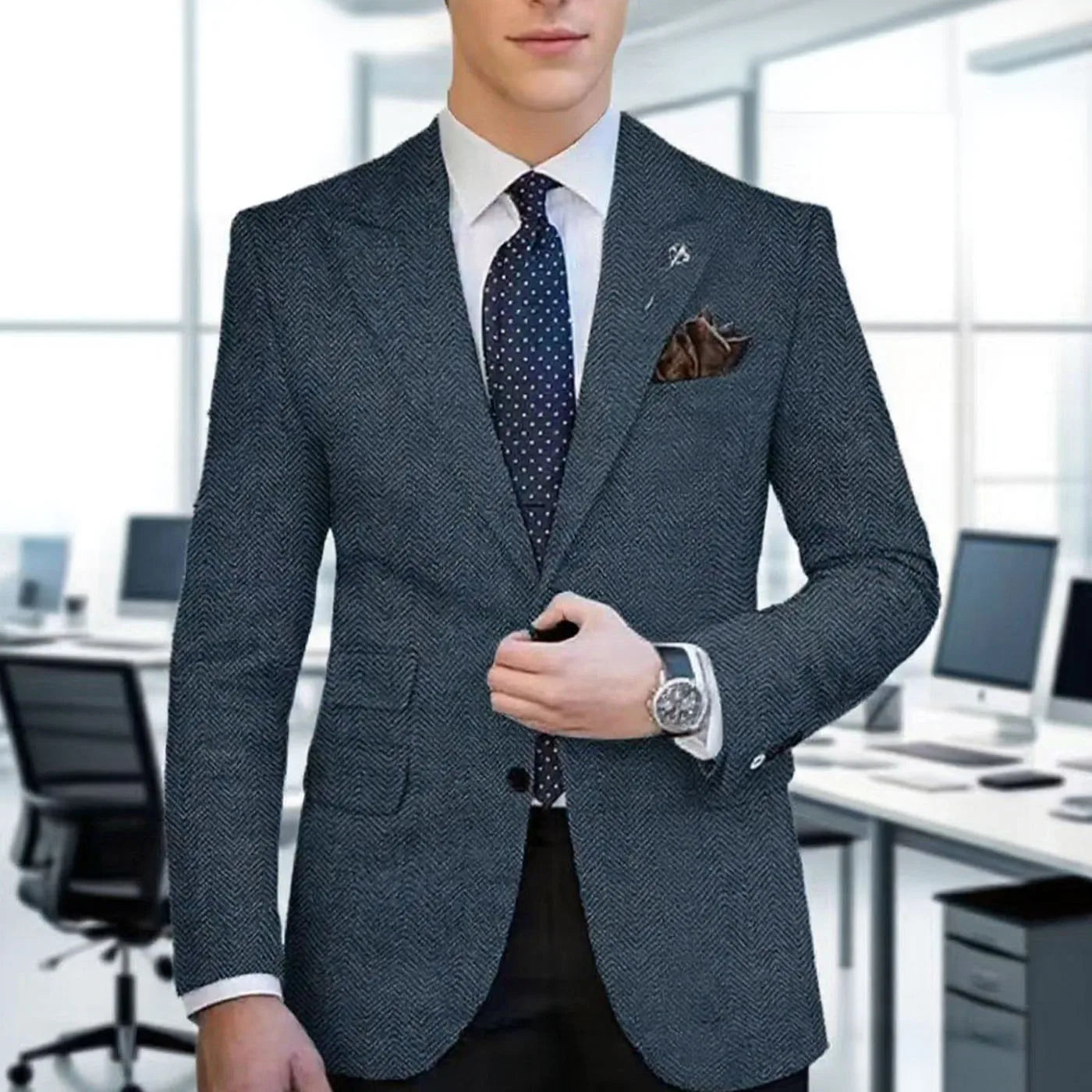 Autumn Winter Men's Herringbone Blazer Tuxedos Only Coat Wool Tweed Single Breasted Formal Bussiness/Wedding Prom Suit Jacket