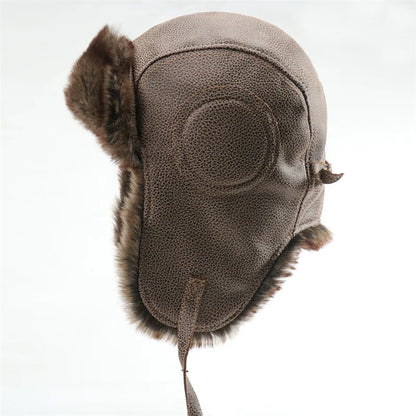 Men Winter Bomber Hat With Goggles Outdoor Motorcycle Windproof Warm Faux Fur Pilot Earflap Hat Leather Thermal Ushanka