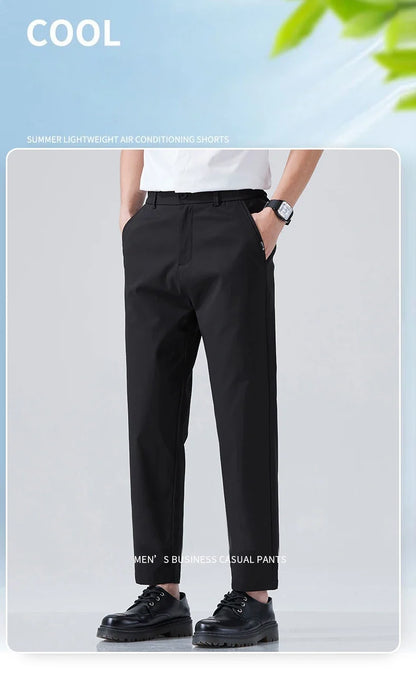 2026 Spring Summer Thin Ice Silk Suit Pants Men's Business Straight Slim High Elastic Ankle Length Casual Pants Male