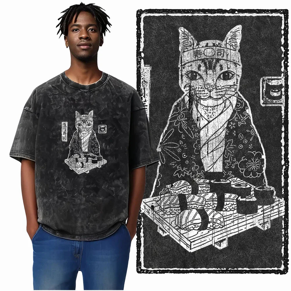 Cat Printed Cotton Acid Washed Exclusive Graphic Unisex T Shirt Cool Streetwear Men Tshirts Big Size Tee for Men