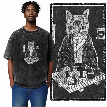 Cat Printed Cotton Acid Washed Exclusive Graphic Unisex T Shirt Cool Streetwear Men Tshirts Big Size Tee for Men