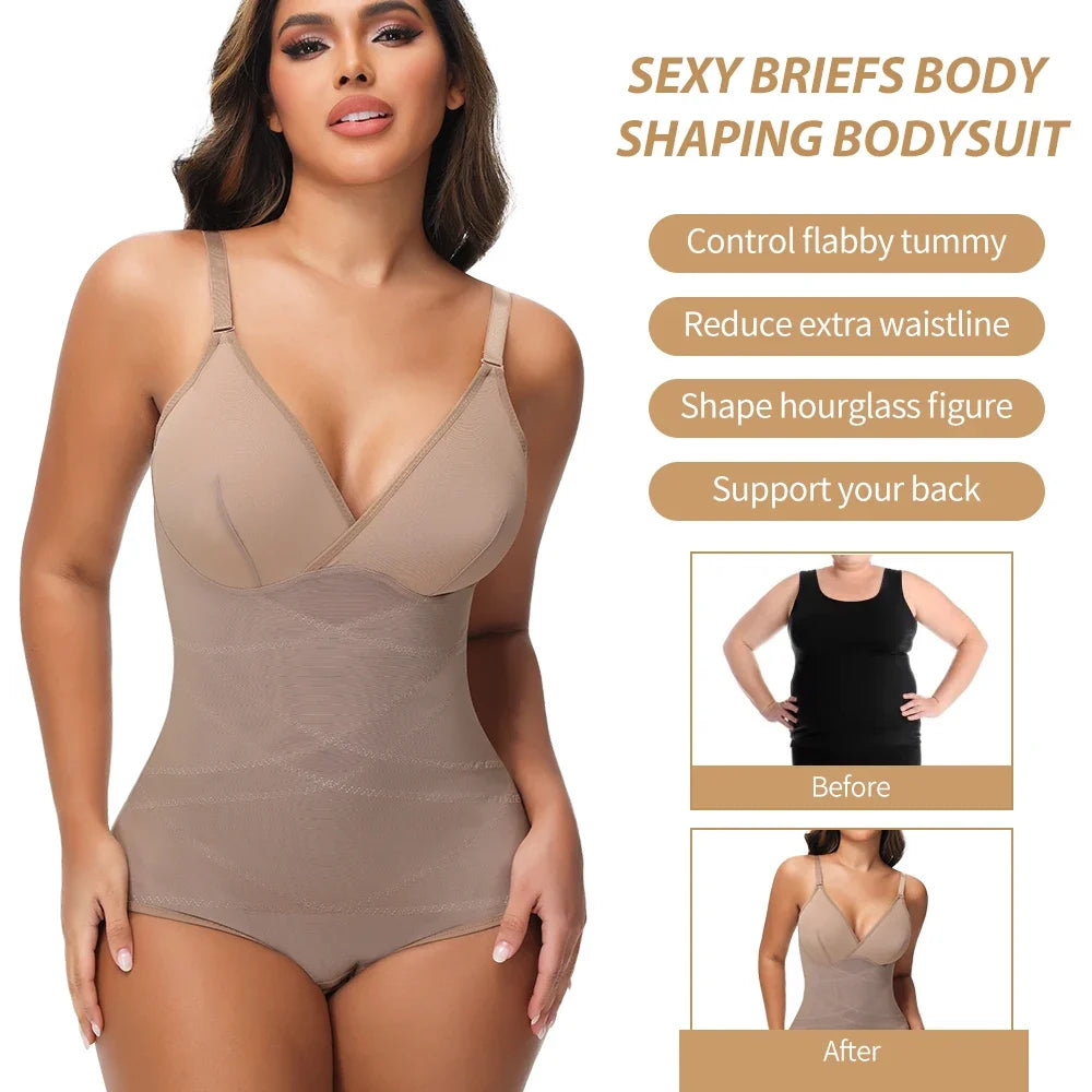 Cross Waist Tummy Control Body Shaping Bodysuit for Women Full Body Control V-Neck Mesh Breathable Briefs Underwear Butt Lifter