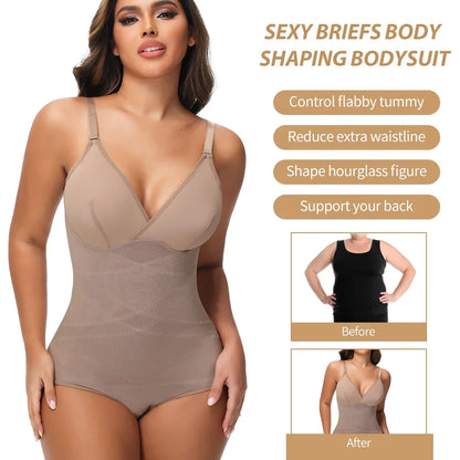 Cross Waist Tummy Control Body Shaping Bodysuit for Women Full Body Control V-Neck Mesh Breathable Briefs Underwear Butt Lifter