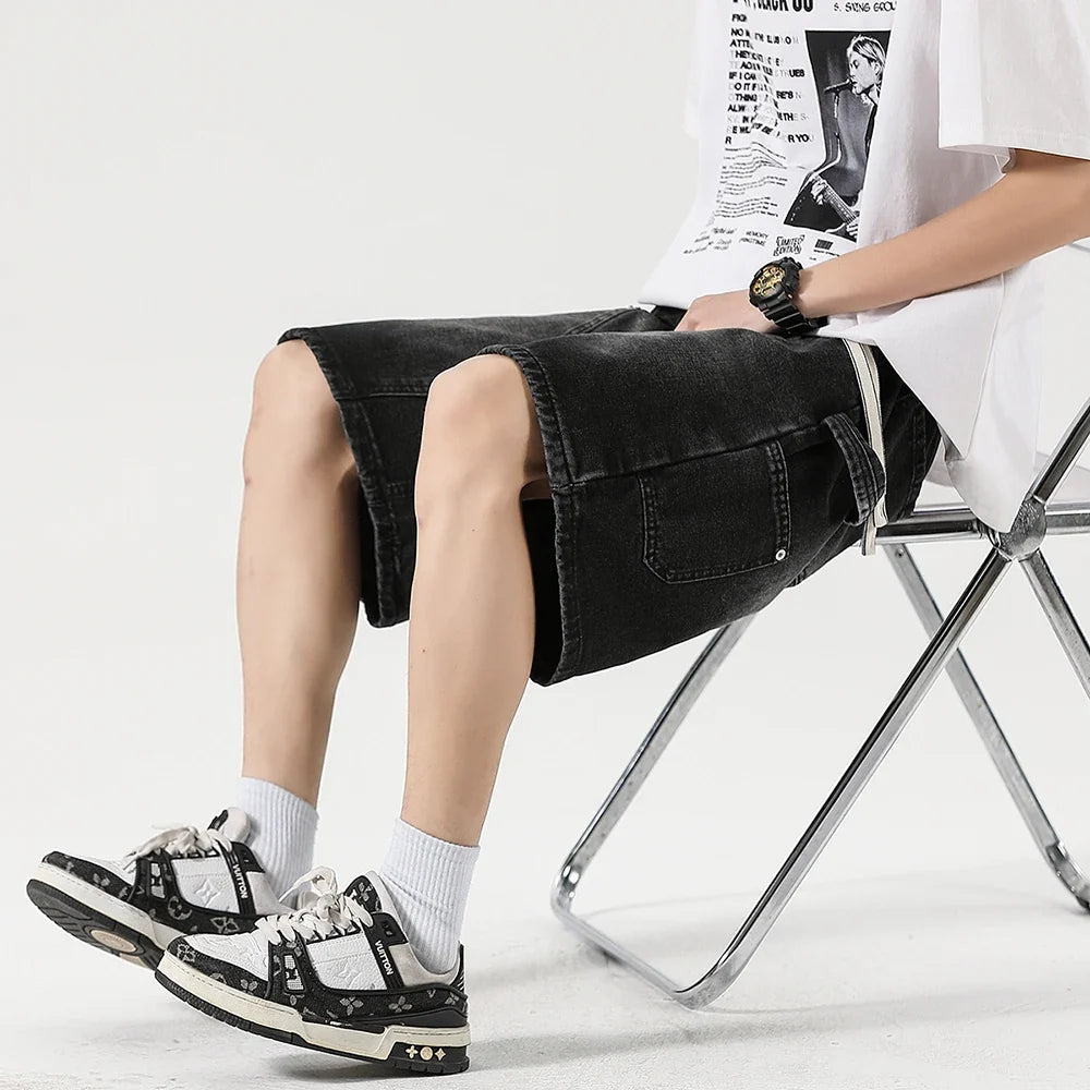 Men's Baggy Cargo Shorts Summer New Fashion Drawstring Straight Casual Jeans Streetwear Pocket Splicing Male Short Pants