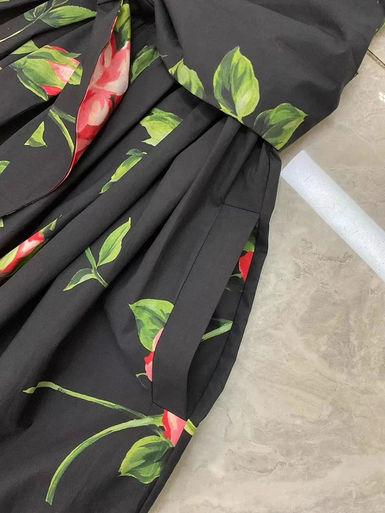 2026 Spring Women's New Fashion Round Neck Sleeveless Cotton Printed Tie a belt Waist cinching Dress