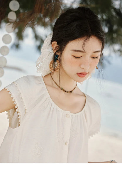 Embroidered French Shirt Women Summer 2025 Short Sleeve Round Neck Solid Blouses Female Fashion New Tops Lady MXE33X1744