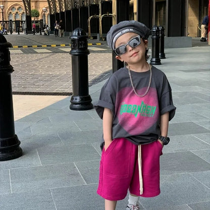 Cotton Heart Print Boys Short Sleeve T-Shirt Summer Toddler Loose Fit Baby Handsome 3-6 Years Top
