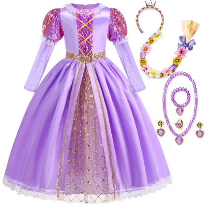 Rapunzel Short Sleeve Purple Puffy Dress + Accessories Girls Cosplay Rapunzel Summer Casual Dress Birthday Party Gift