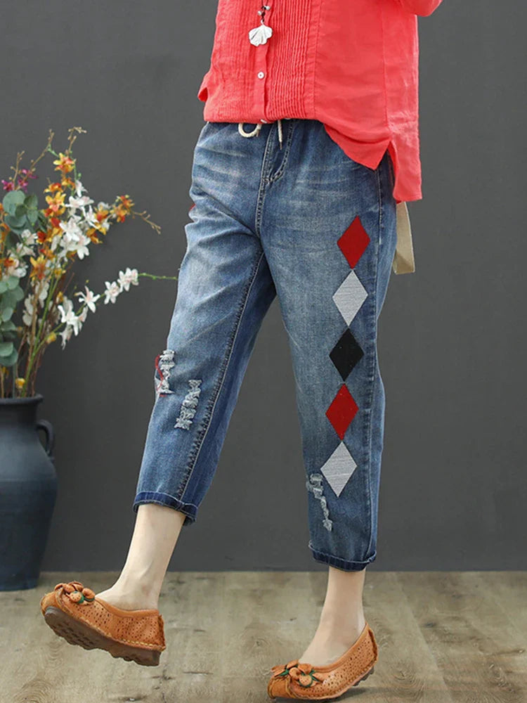 Summer Females Luxury Embroidery Jeans Womens Fashion Vintage Ripped Denim Trousers Loose Holes Elastic Harem Pants