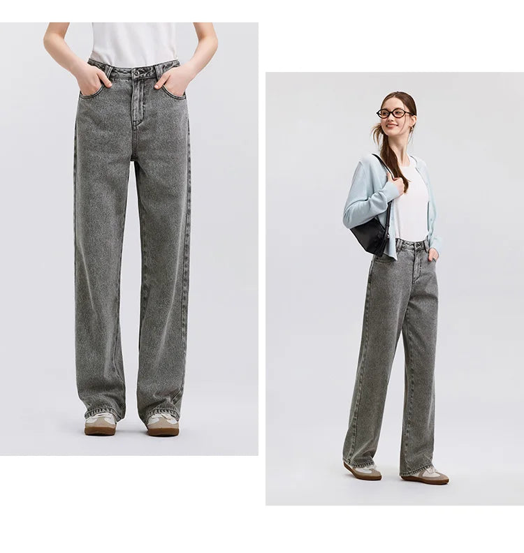 Jeans Women Heightening Pure Cotton Long Trousers Autumn 2024 New Flesh-hiding Wide-leg Trousers