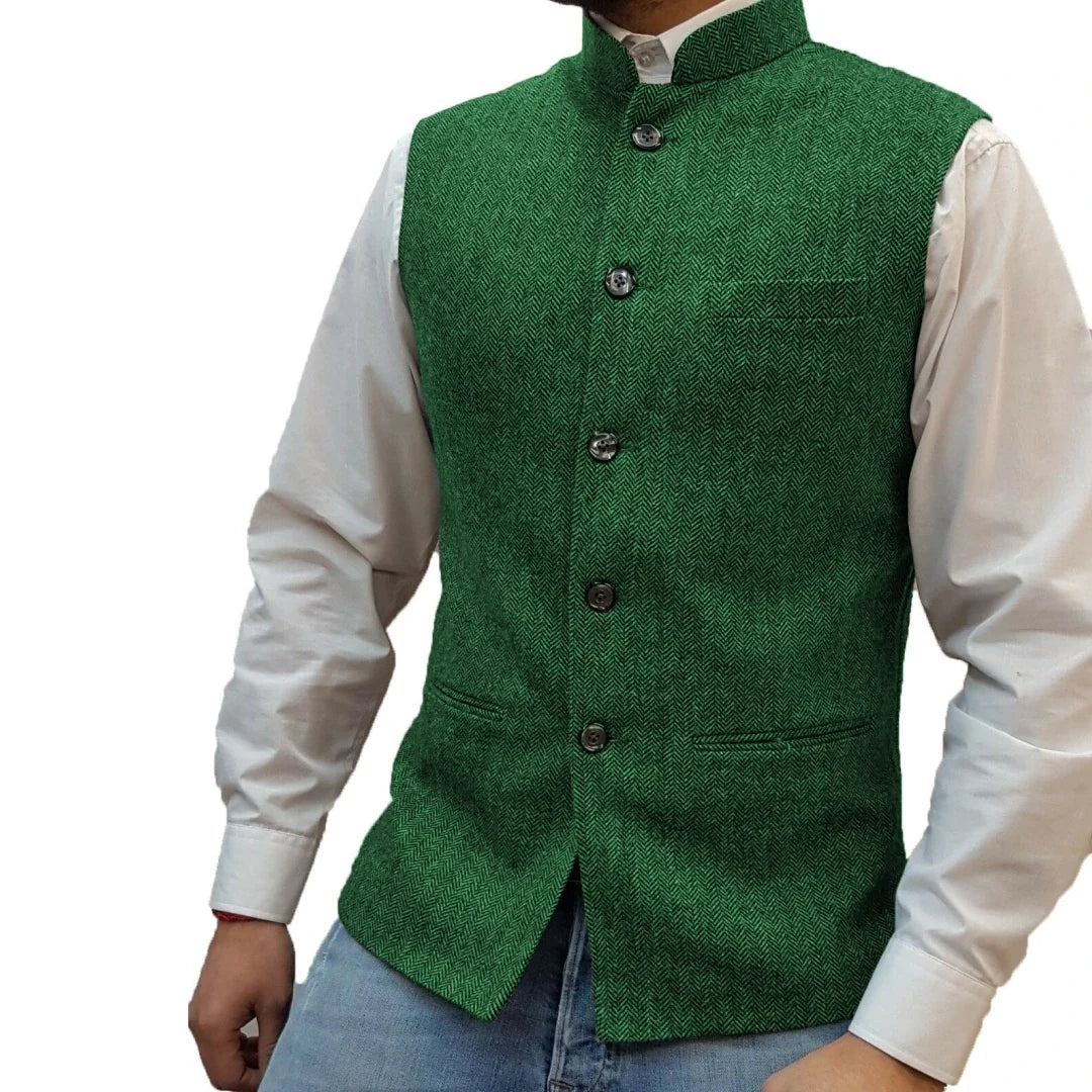 Men Vest Gray Herringbone Height Collar Single Button Waistcoat For Wedding Party Business Work Daily Casual Men Suit Vest