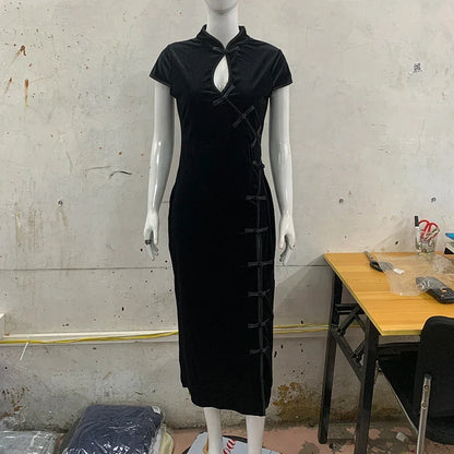 Retro Chinese Style Waist Cinched Cheongsam Slim Fit Dress Girl Slit Temperament Dress New Ins Fashion