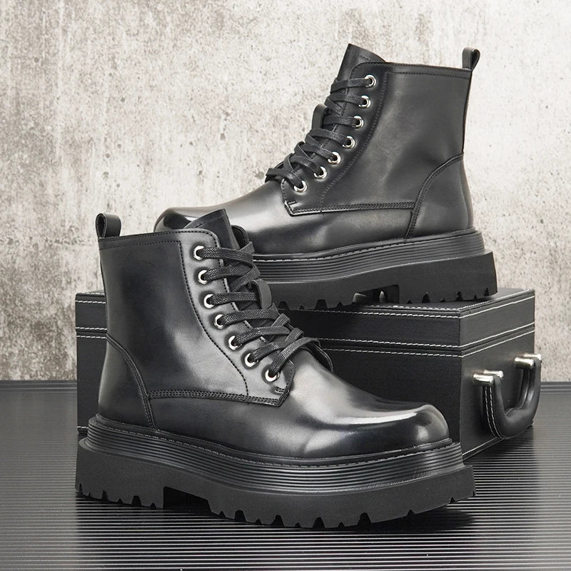 Men's Hidden Heel Motorcycle Boots - Goth Punk Ankle Boots with Thick Sole for Height Increase | Elevator Shoes