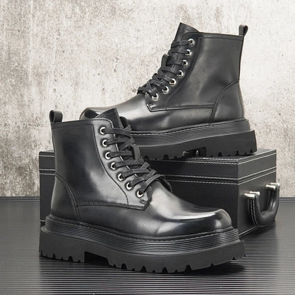 Men's Hidden Heel Motorcycle Boots - Goth Punk Ankle Boots with Thick Sole for Height Increase | Elevator Shoes