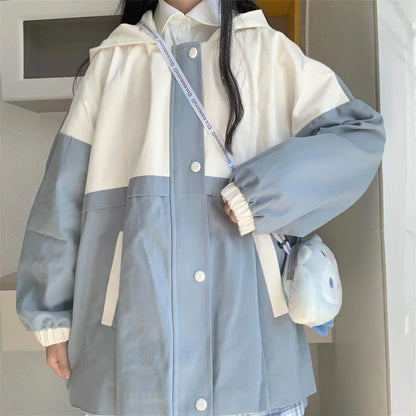 Fashion Cute Charm Outdoors Oversized Blue Series Hoodie Button Women Street Fashion Clothing Retro Simple Pullover Sweatshirt