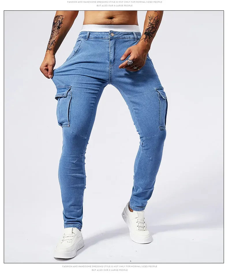 Slim Fit Large Pocket Jeans Cargo Pants for Men Fashionable Casual Hip Hop Stretch Denim Long Pants Male Streetwear Track Pants