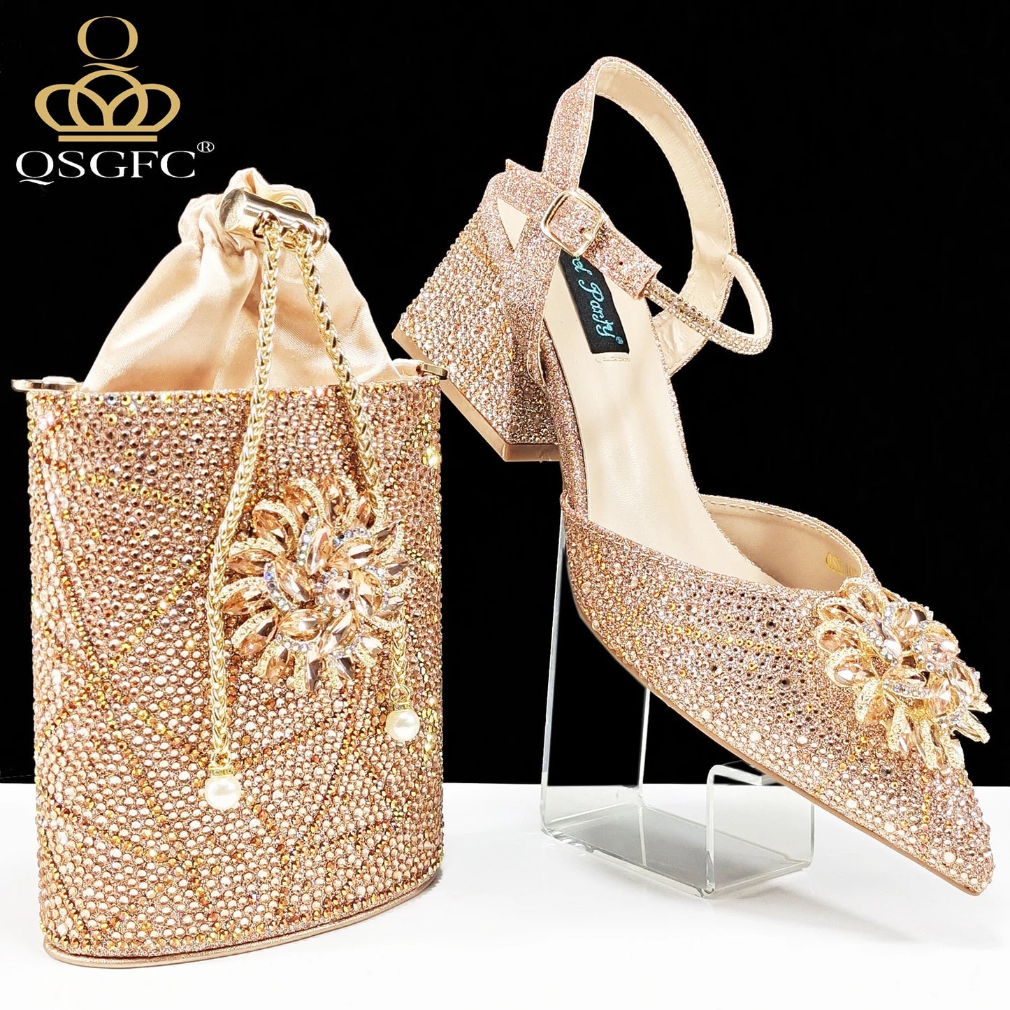 Fashion Design High-end Women's Shoes with Diamond Oval Stand Bag Women's High Heels for Special Day or Work