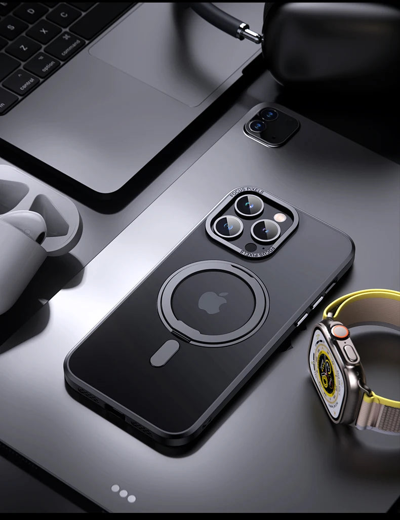 360° Rotating Stand Magnetic Orange Case For iPhone 17 Pro Max 17Air 17Pro Luxury Metal Button Folding Bracket Shockproof Cover
