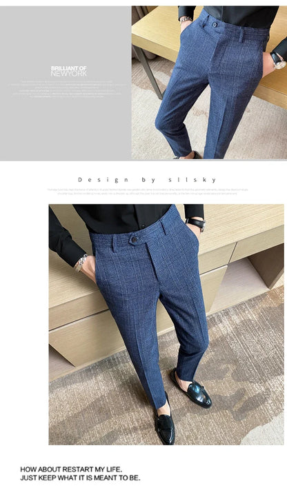 Boutique Classic Plaid and Striped Fashion Men's Casual Business Slim Suit Pants Groom Wedding Dress Trousers Party