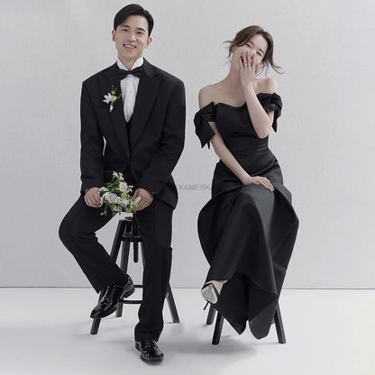Wedding Dresses Sweet Bow Off The Shoulder For Women 2024 Satin Black Evening Dress Elegant Floor-length Simple Wedding Shooting