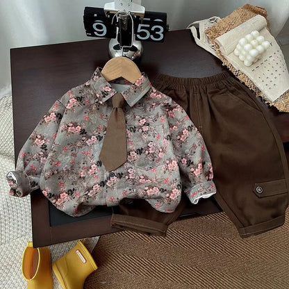 Autumn floral Style Kid Boys 3PCS Clothes Set Cotton Tie Collar Shirts Knitted Sticker Vest Solid Pants Suit Toddler Boys Outfit