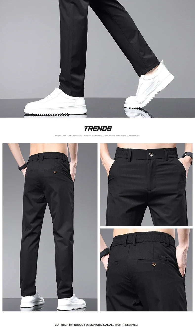 Spring Summer Thin Men's Slim Casual Pants Solid Color Elastic Waist Soft Breathable Business Straight Trousers Black Beige Gray