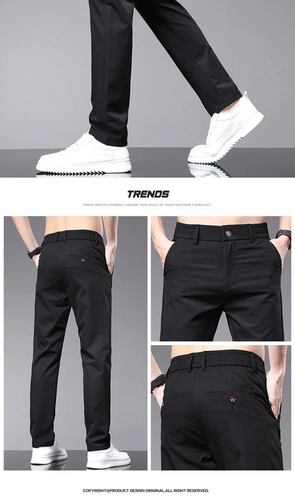 Spring Summer Thin Men's Slim Casual Pants Solid Color Elastic Waist Soft Breathable Business Straight Trousers Black Beige Gray