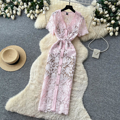 Classy Vintage Flower Lace Dress Office Lady Hollow Out Sashes Short Sleeve Bodycon French Senior Straight Long Dress
