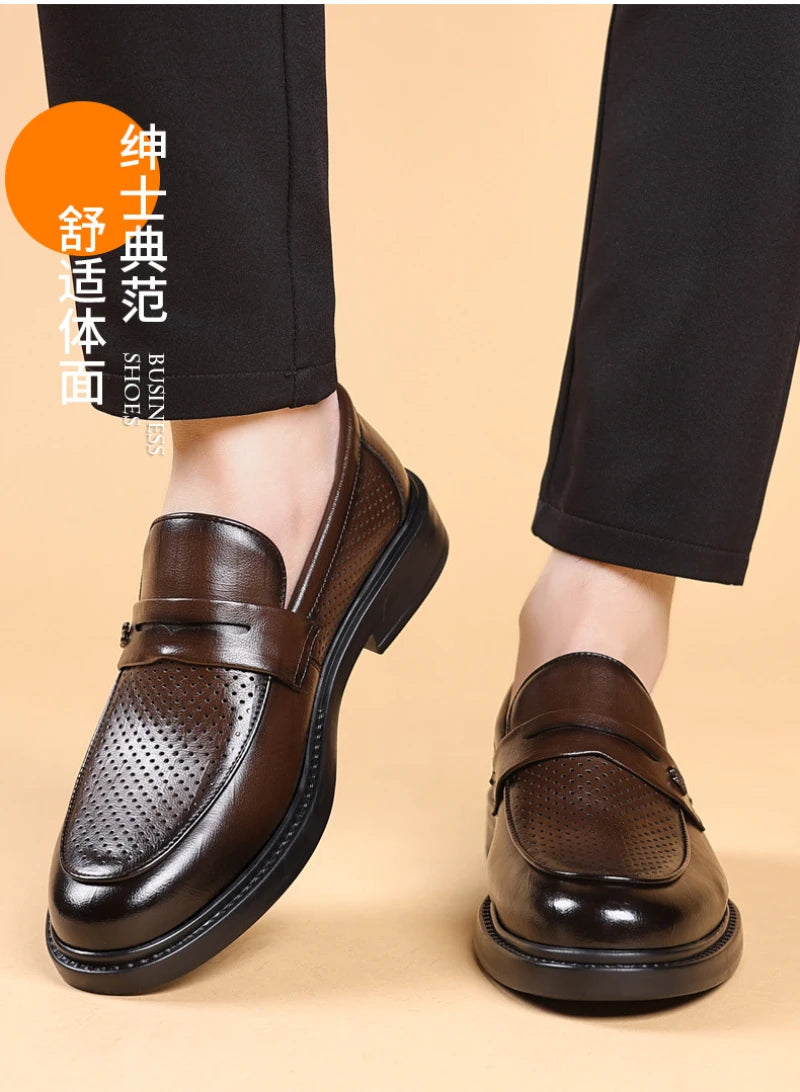 Mens Black Penny Loafers With Perforated Detail Slip On Comfortable Breathable Dress Shoes For Business Office And Summer Wear