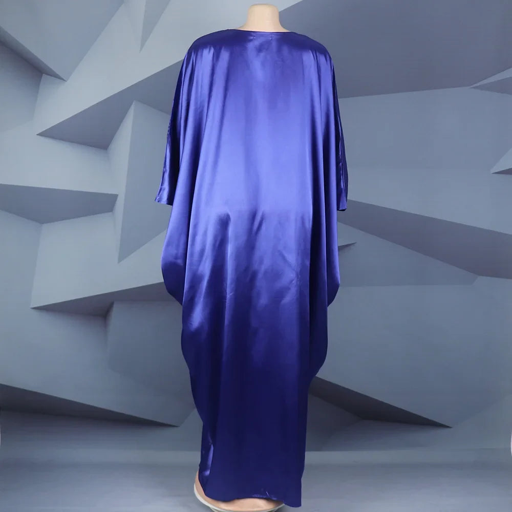 Fashion African Woman Large Size Bat Sleeve Dress Muslim Islamic Style Robe Imitation Silk Hot Fix Rhinestone