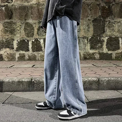 New Streetwear Loose Jeans Men Korean Style Fashion Loose Straight Wide Leg Pants Men's Brand Clothing Black Light Blue