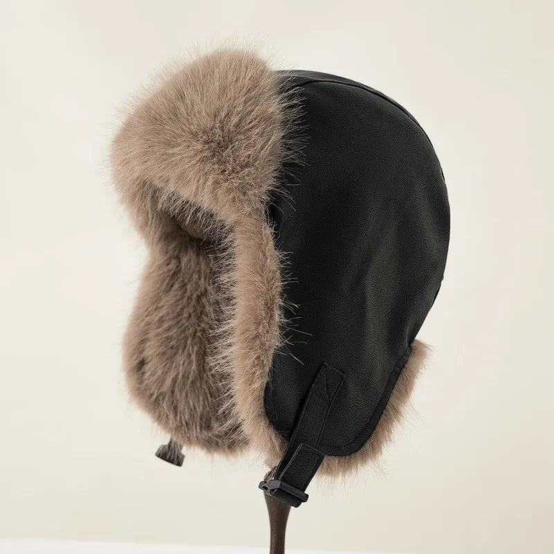 Women Winter Windproof Cold Proof Hat Man Warm Leather Pilot Hats Adult Long Fur Ear Protection Cap