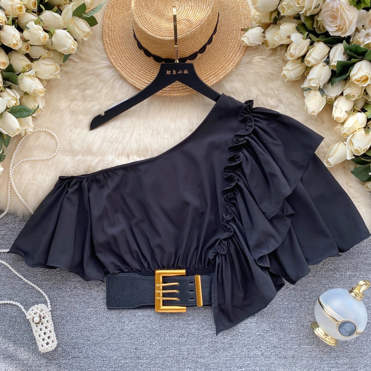 American Chic Blouse for Women Flounced Edge Skew Collar Bare Midriff Belt Skinny Shirts Summer Casual Female Tops Dropshipping