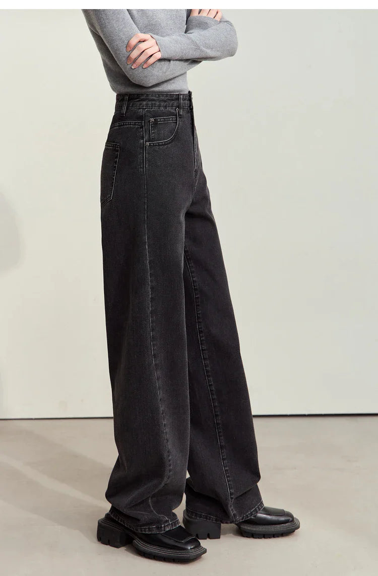 Minimalism Women's Jeans 2024 Autumn New Casual Cotton Denim Pants Retro Trendy Loose Straight Wide-leg Trousers 12443249