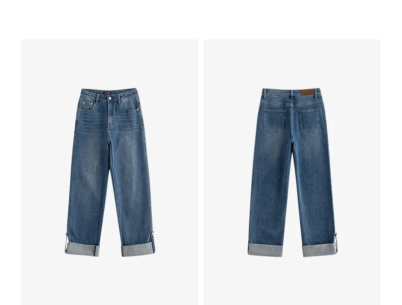 Women Denim Jeans 2025 Autumn New Lyocell Rolling Up Hem Elastic and Simple Straight Leg Ankle Length Pants