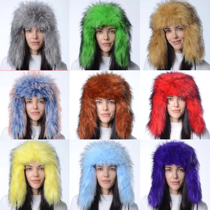 Plush Raccoon Fur Hat Women Thicken Faux Fur Earflap Hat Winter Warm Russian Ushanka Hats Windproof Furry Bomber Cap