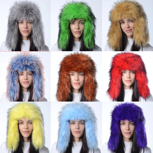 Plush Raccoon Fur Hat Women Thicken Faux Fur Earflap Hat Winter Warm Russian Ushanka Hats Windproof Furry Bomber Cap