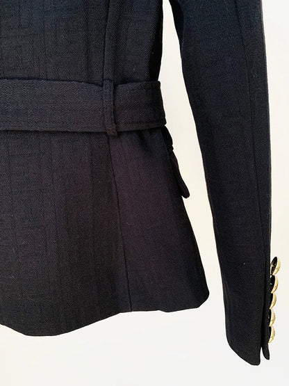 HIGH STREET Newest 2026 Designer Jacket Women's Double Breasted Lion Buttons Monogram Jacquard Belted Blazer