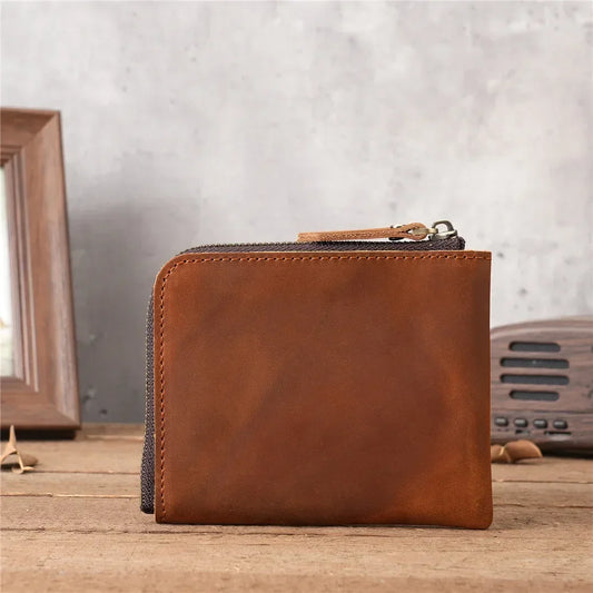 Portefeuille zippé en cuir véritable pour homme, porte-cartes simple, sac portefeuille professionnel, sac à monnaie portable en cuir de vachette première couche