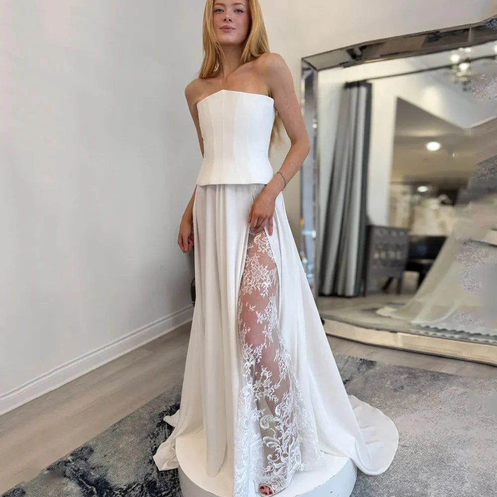 Lace Split Wedding Dresses Strapless A Line Pleat Corset Ivory White Bridal Dresses Sleeveless Vestido De Novia Civil Customized