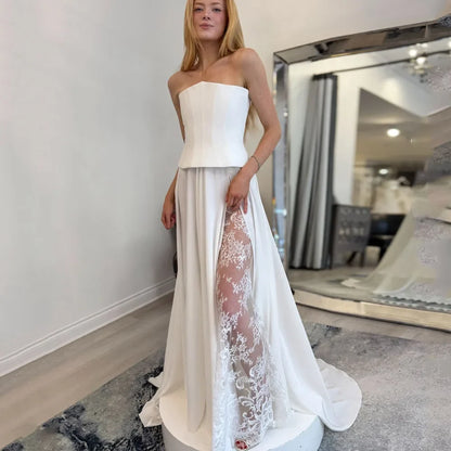 Lace Split Wedding Dresses Strapless A Line Pleat Corset Ivory White Bridal Dresses Sleeveless Vestido De Novia Civil Customized