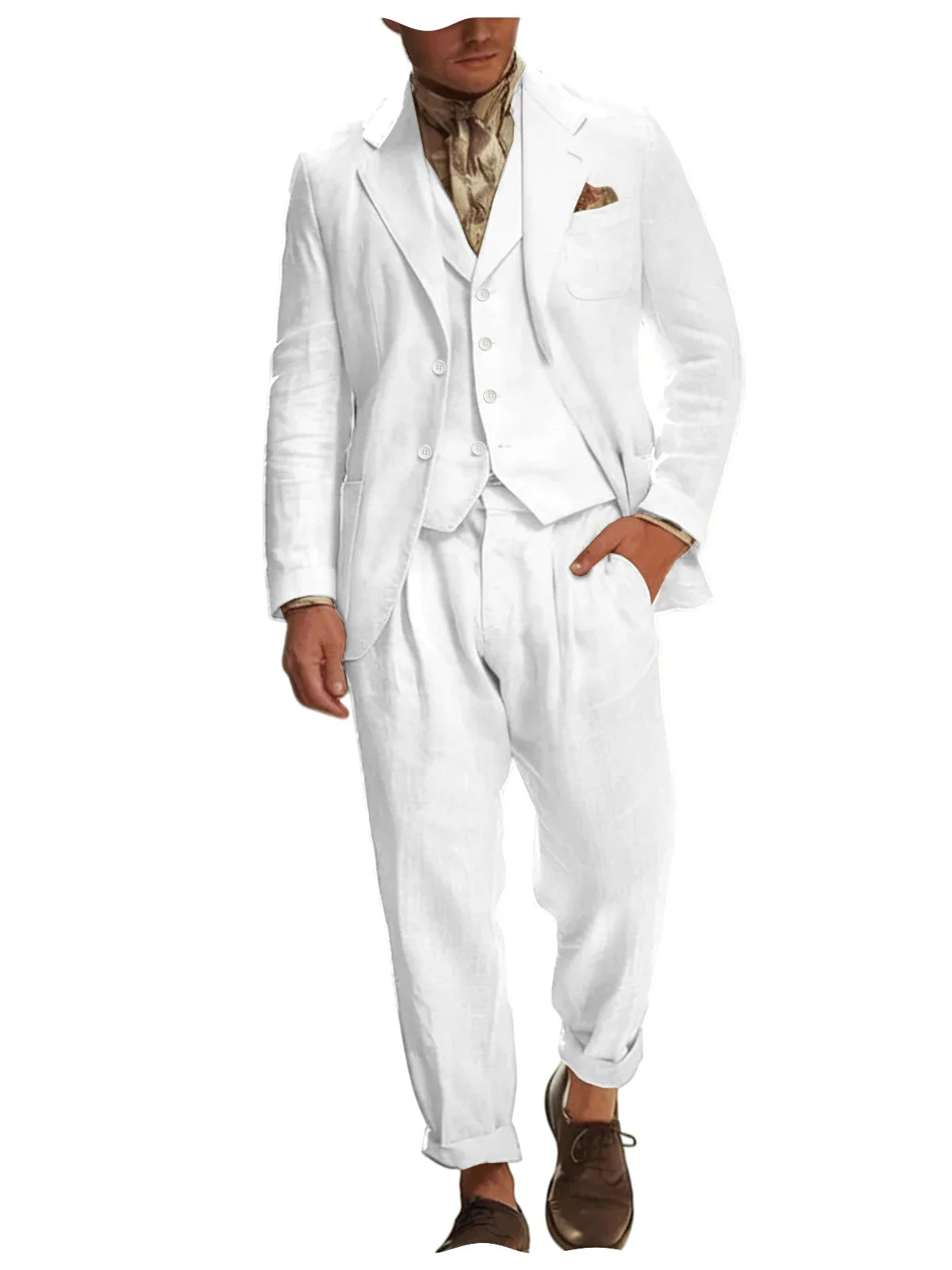 Italian Style Men's Linen 3 Piece Set Notch Lapel 2 buttons Blazer+Vest+Pants Breathable Lightweight Summer Casual Business Suit