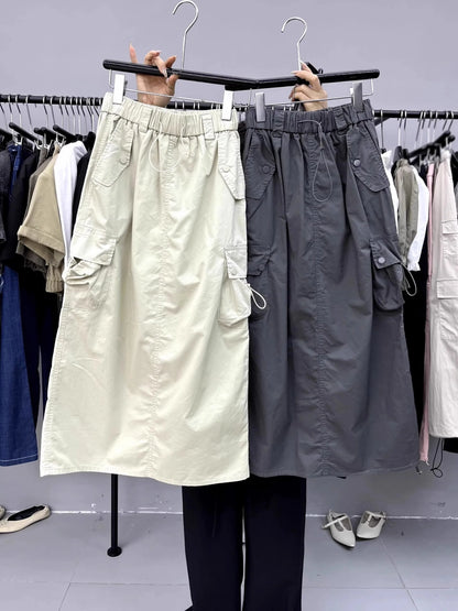 Vintage Skirts for Women American Fashion High Waist Back Slit Cargo Skirt Streetwear All-match Pockets Trendy Harajuku Chic New