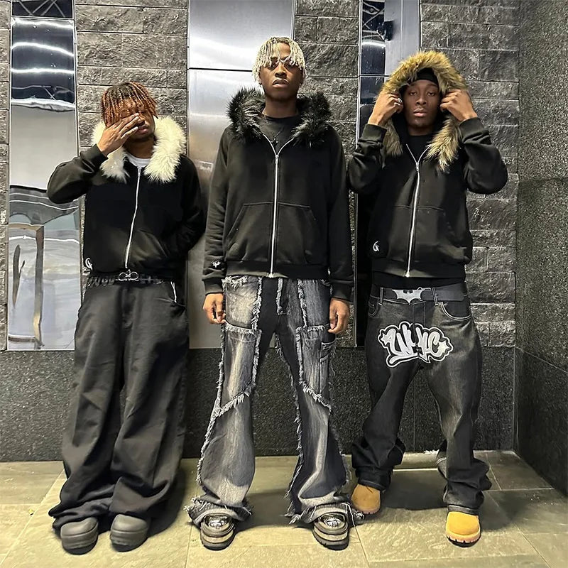 2025 Autumn/Winter New Y2k Sweatshirts Harajuku Artificial Fur Collar Hoodie Clothing Pattern Hip Hop Punk Gothic Zipper Hoodie