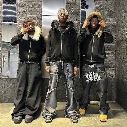 2025 Autumn/Winter New Y2k Sweatshirts Harajuku Artificial Fur Collar Hoodie Clothing Pattern Hip Hop Punk Gothic Zipper Hoodie