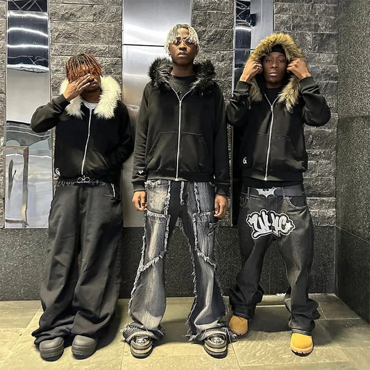 2025 Autumn/Winter New Y2k Sweatshirts Harajuku Artificial Fur Collar Hoodie Clothing Pattern Hip Hop Punk Gothic Zipper Hoodie