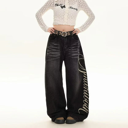 Blue Loose Wide Leg Jeans Women's Fashion High Waist Straight Cut Casual Trousers Autumn New Style Slimming Effect Cotton Pol...