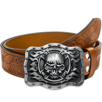 Skull Flame Belt Exquisite Carved Large Plate Buckle Alloy Buckle for Men and Women - Irregular Pattern Carved Flower Long Horn