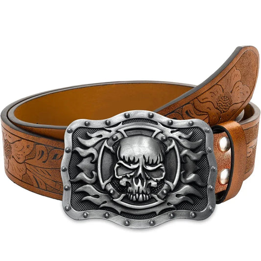 Skull Flame Belt Exquisite Carved Large Plate Buckle Alloy Buckle for Men and Women - Irregular Pattern Carved Flower Long Horn