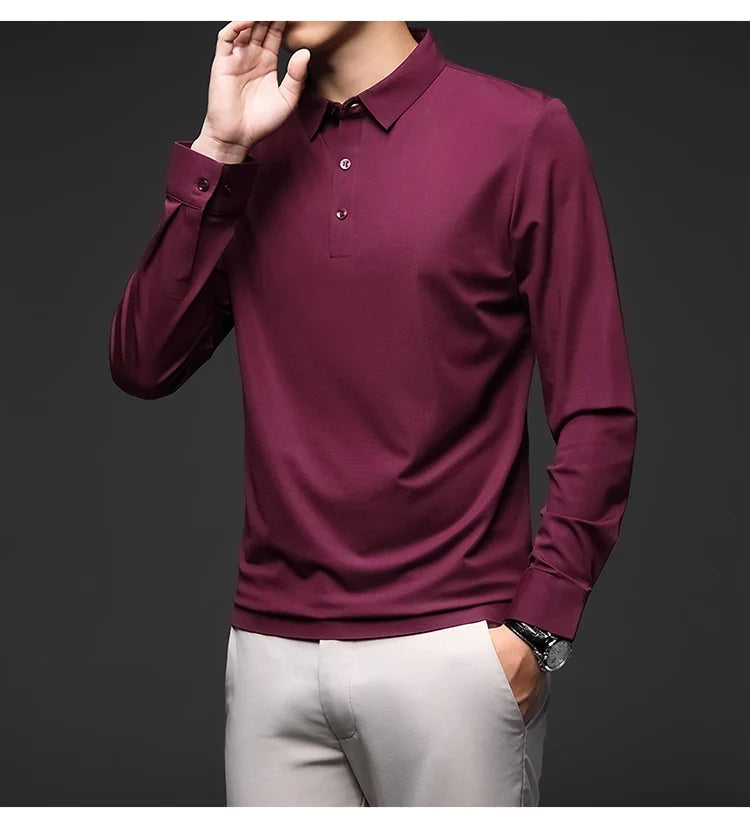 Mulberry Silk Men's Polo Shirts Luxury Long Sleeve Solid Color Golf Male T-shirts Spring Autumn Business Casual Man Tees